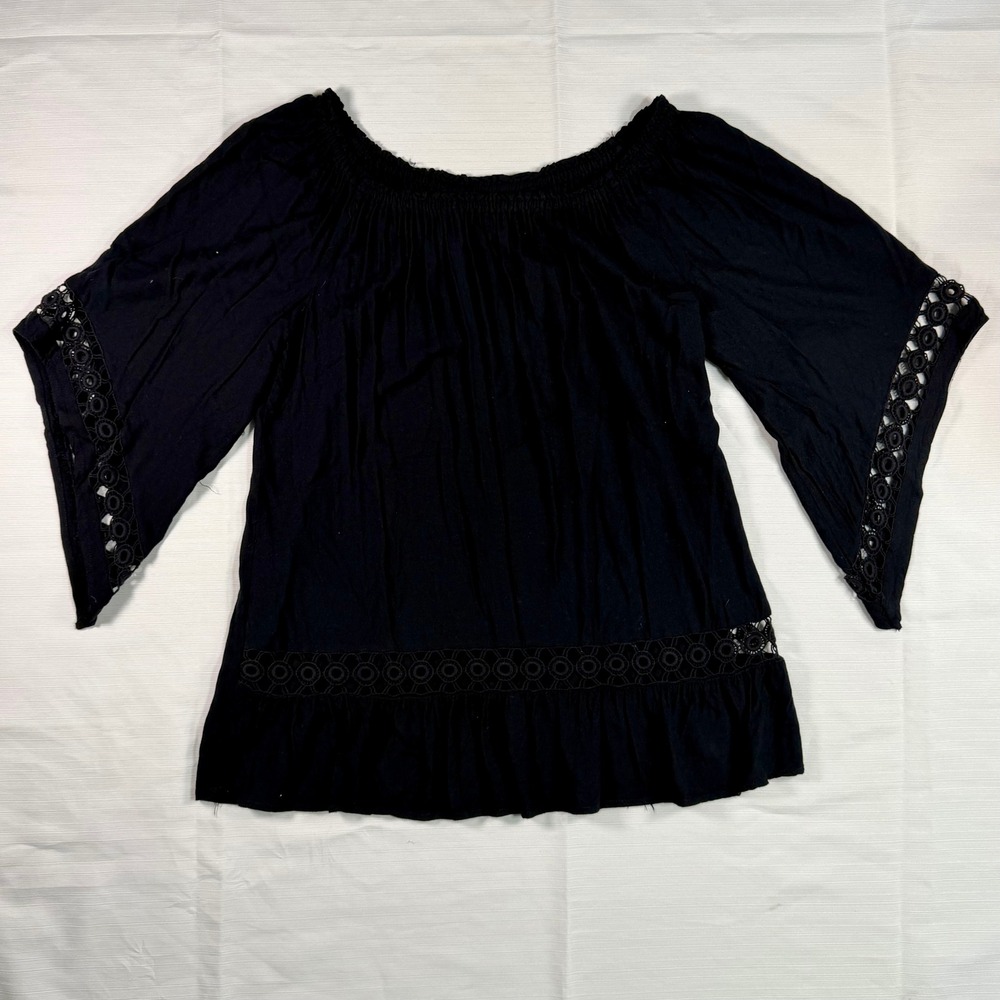 Valerie Stevens Black Peasant Blouse Off Shoulder Bell Sleeve Boho Medium Boho